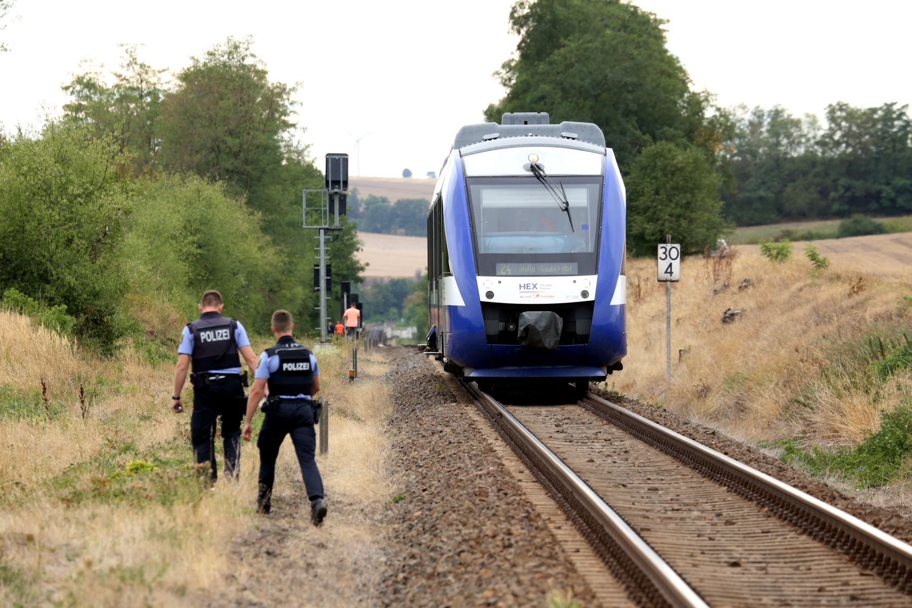 Polizisten such nach dem tödlichen Unfall zwischen Könnern und Gnölbzig die Unfallstelle nach Spuren ab.