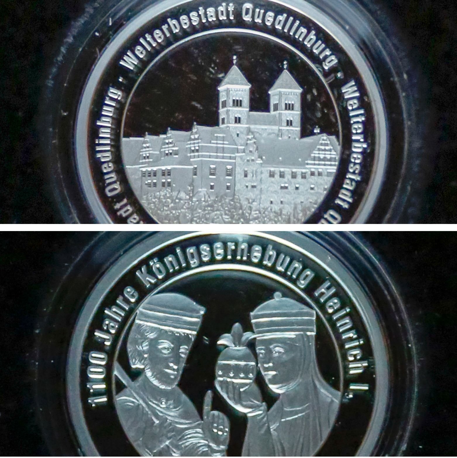 So sieht Vorder- und Rückseite der Münze zum Jubiläum „1100 Jahre Königserhebung Heinrich I. 2019” in Silber aus.
