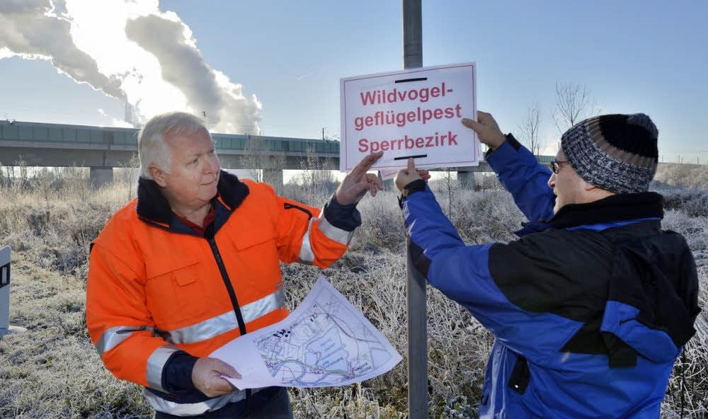 Wolfgang Schmidt (links) und Lutz Koebe vom Ordnungsamt aus Schkopau bringen die Warnschilder zur Geflügelpest an.
