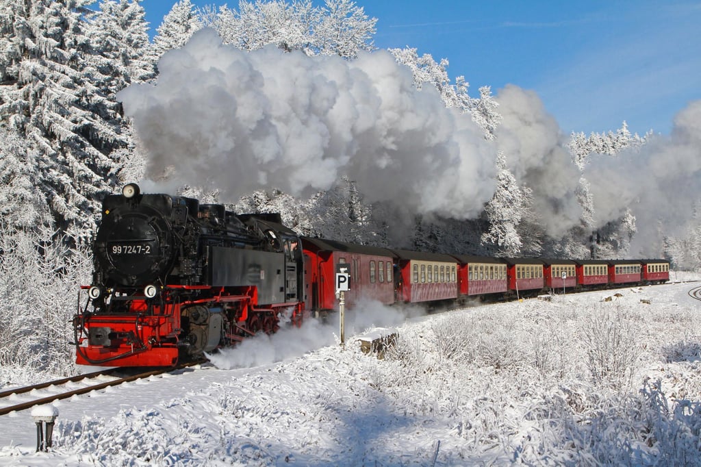 Ein Dampfzug der Harzer Schmalspurbahnen ist unterwegs.