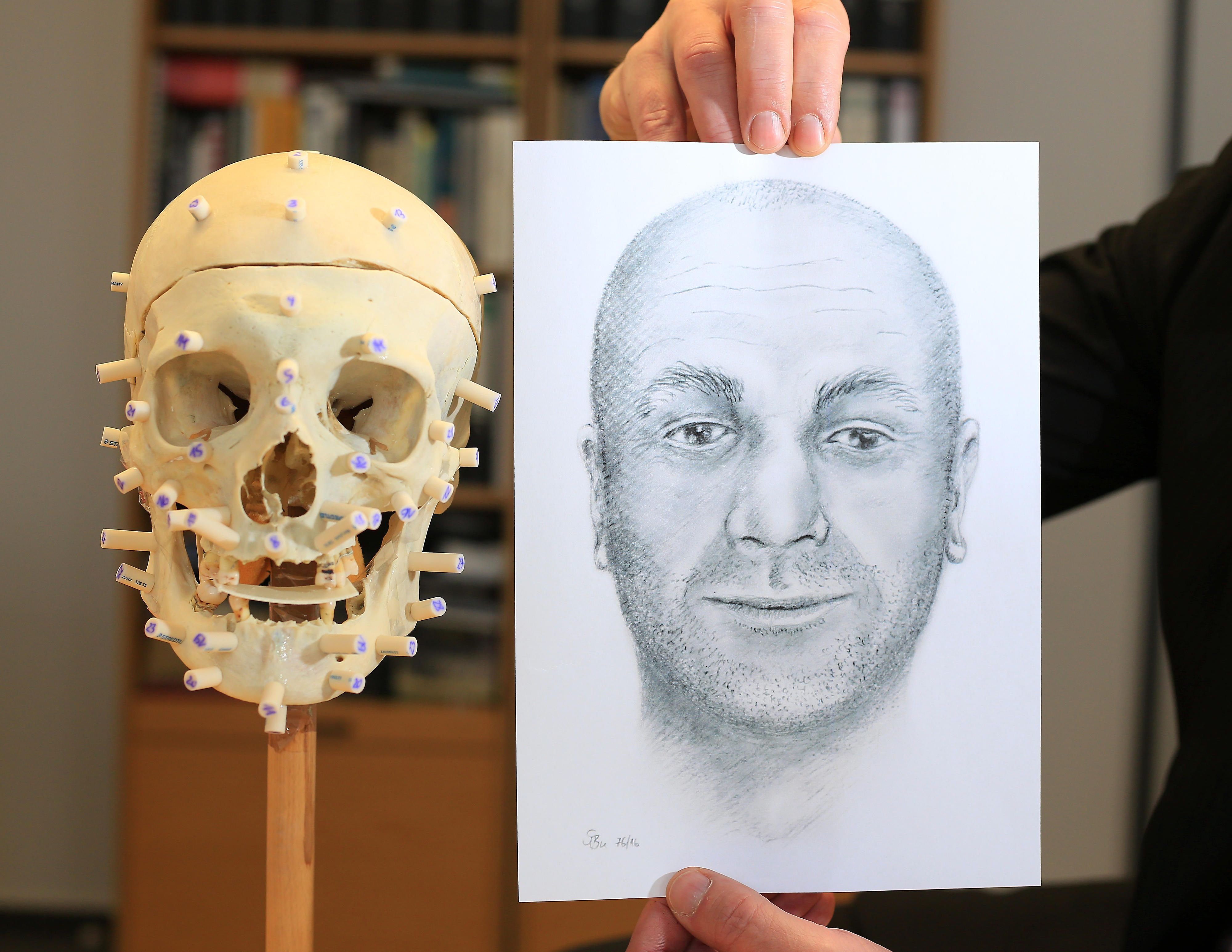 Der Schädel eines unbekannten Toten ist im Landeskriminalamt in Magdeburg neben einem erstellten Phantombild zu sehen. Die Leiche wurde im Juli in deer Elbe bei Vockerode gefunden.