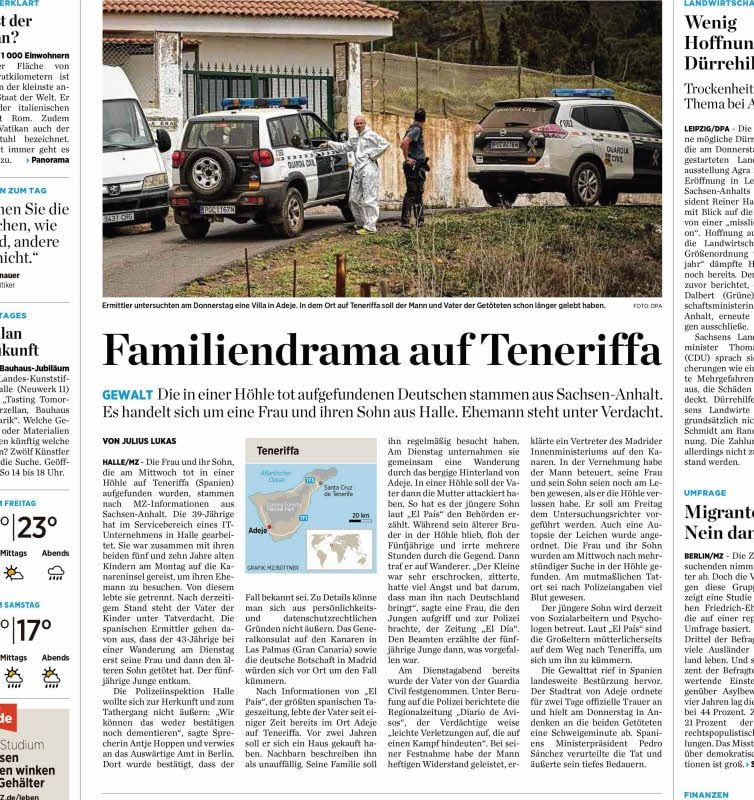 So berichtete die Mitteldeutsche Zeitung am 26. April über die Tat in Teneriffa.