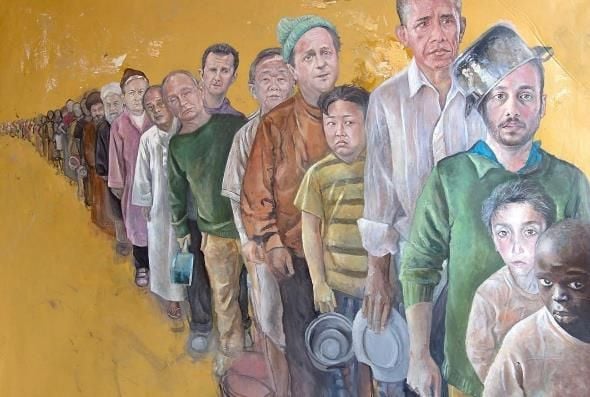 Weltpolitiker als Flüchtlinge. Gemalt vom syrischen Künstler Abdalla Al Omari.