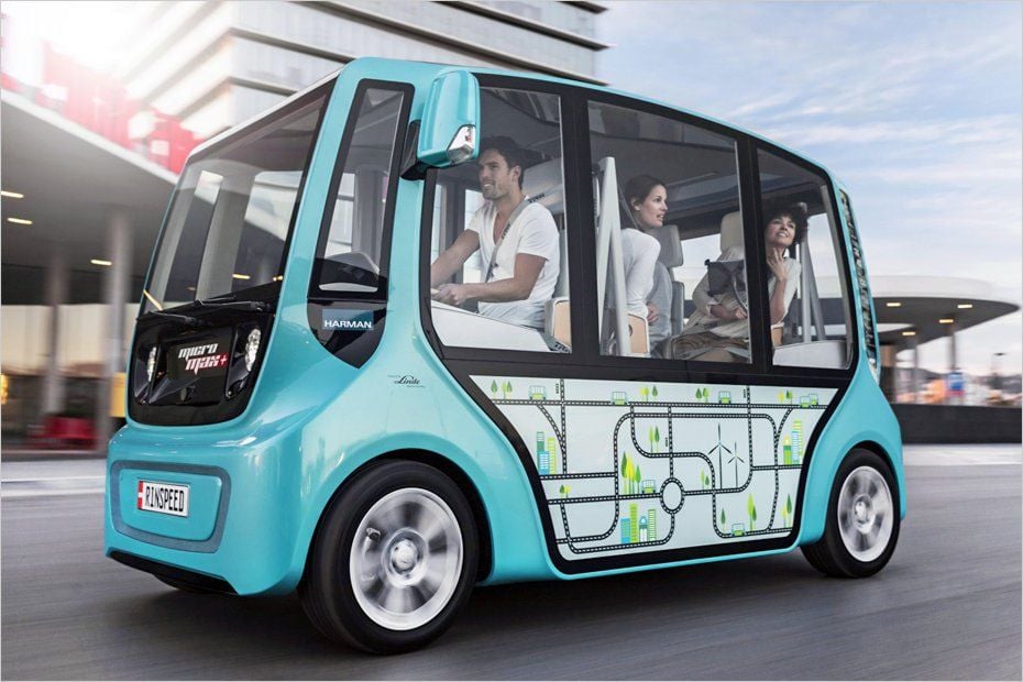 Der Rinspeed microMAX ist ein Elektro-Bus mit Stehsitzen im Format eines Mini. Die Konzeptstudie soll neue Möglichkeiten für den Nahverkehr zeigen.