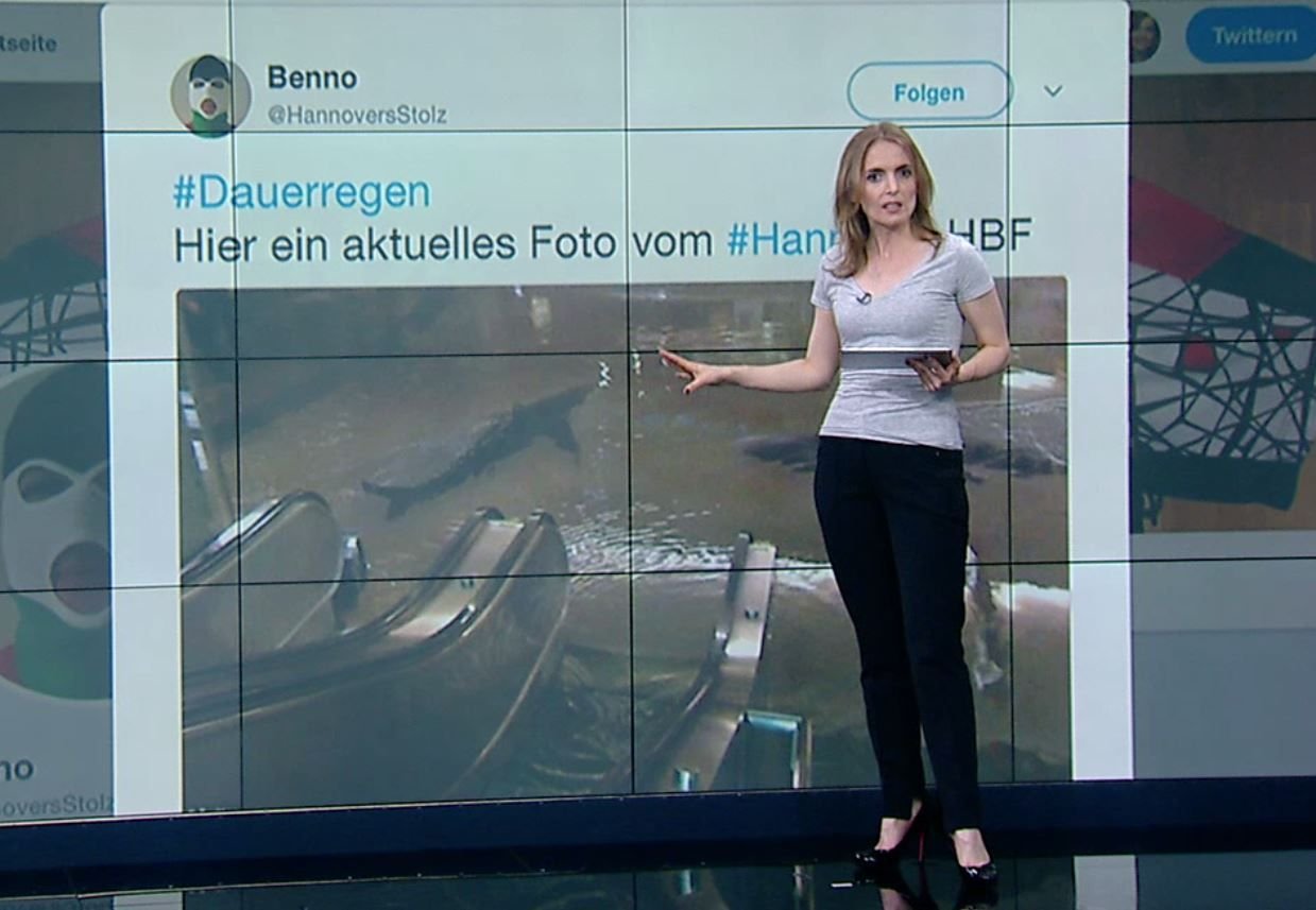 Antje Lorenz vor der Videowand mit dem Tweet zu Haien in Hannover.