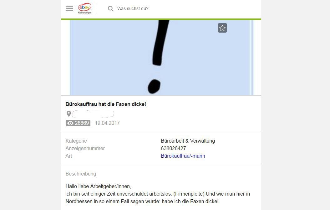 Mit dieser Anzeige lässt eine Bürokauffrau ihren Frust ab.