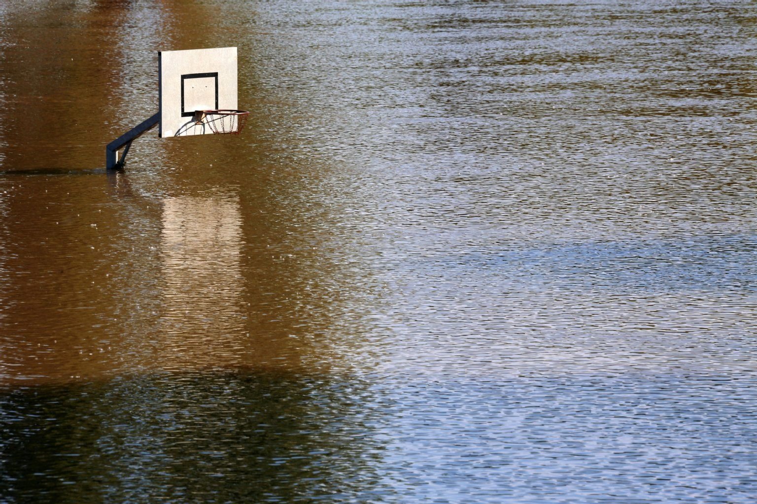 Ein Basketballkorb steht am 07.06.2013 in Bernburg (Sachsen-Anhalt) im Saale-Hochwasser.