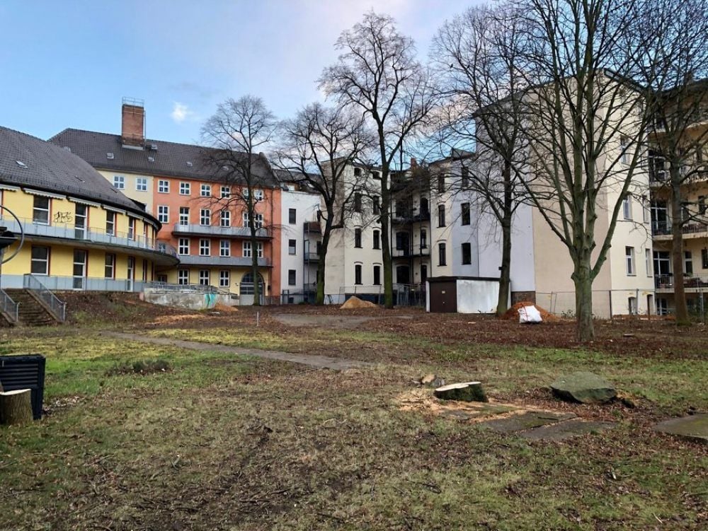 Vom Spielplatz an der Schopenhauerstraße sieht man den Innenhof des ehemaligen Jugendamts. Dort stehen nur noch sechs große Bäume.
