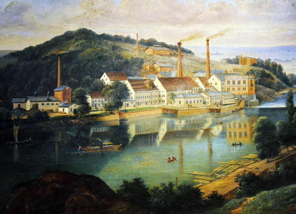 Das Gemälde aus dem Fundus von Christian Wolff zeigt die Papierfabrik in Kröllwitz um 1883. Heute stehen nur noch drei Hauptgebäude.