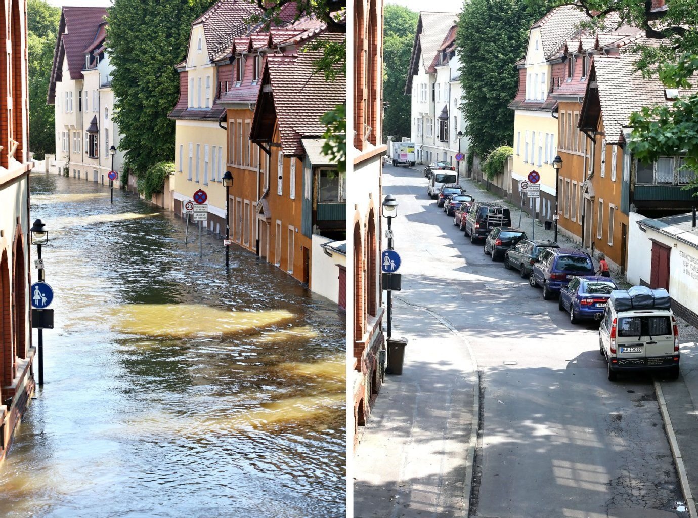 Die zweiteilige Bildkombo zeigt Häuser in der Talstraße im Hochwasser der Saale am 06.06.2013 (links) und im trockenen Zustand am 11.06.2013 in Halle.