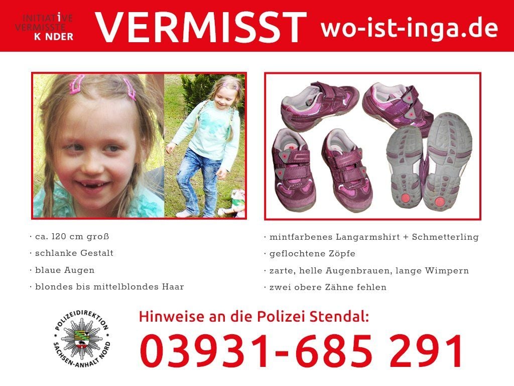 Mit diesem Plakat sucht die "Initiative Vermisste Kinder" nach der fünfjährigen Inga aus Schönebeck. Das Kind wird seit 2. Mai 2015 vermisst.