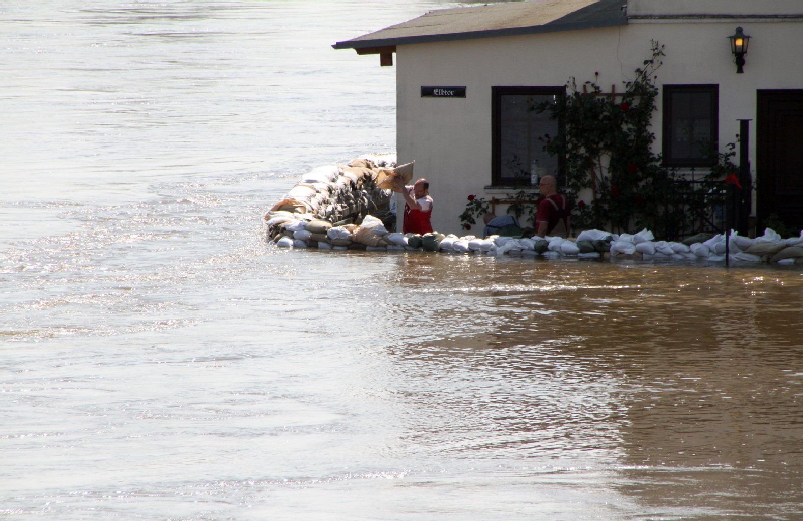 Viel Wasser und ein Mensch: Am Elbtor in Schönebeck (Salzlandkreis) sichert ein Mann sein Haus mit Sandsäcken gegen das Elbe-Hochwasser.
