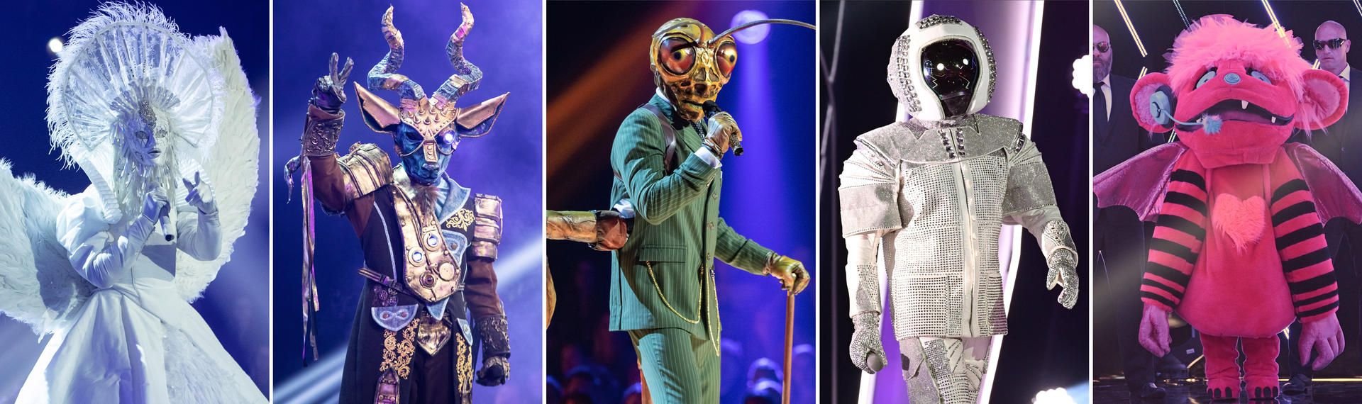 Die Kombo zeigt die verbliebenen Figuren aus der Show "The Masked Singer", Engel (l-r), Kudu, Grashüpfer, Astronaut und Monster