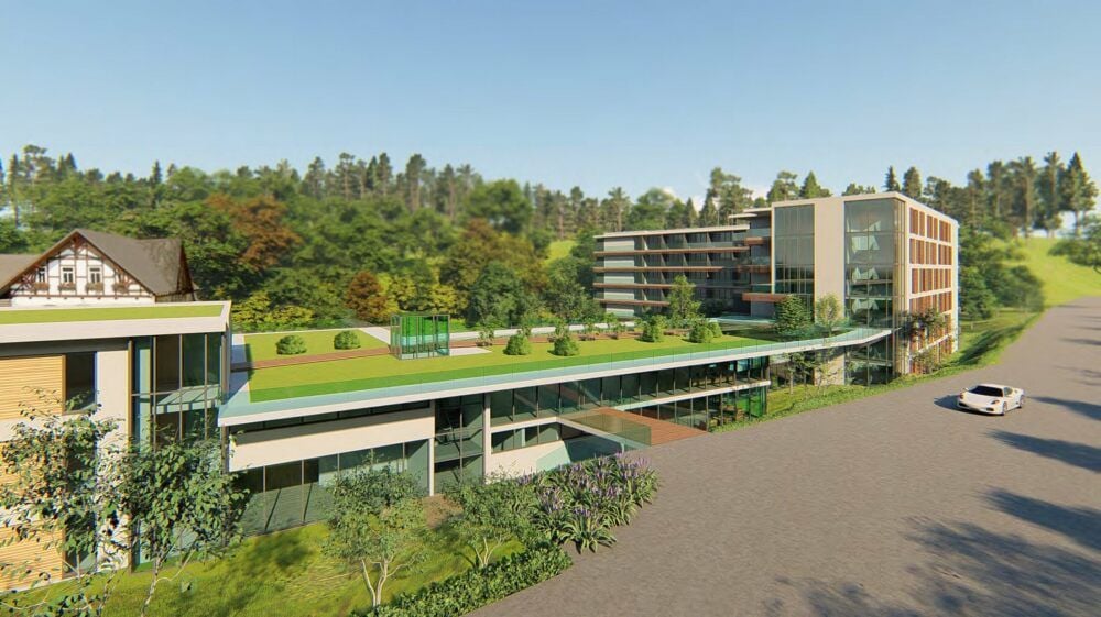 So ist es geplant: Im Parkbereich soll ein Neubau entstehen und über ein neues „Wellness-Village“ mit den Bestandsgebäude des ehemaligen Kurzentrums verbunden werden.