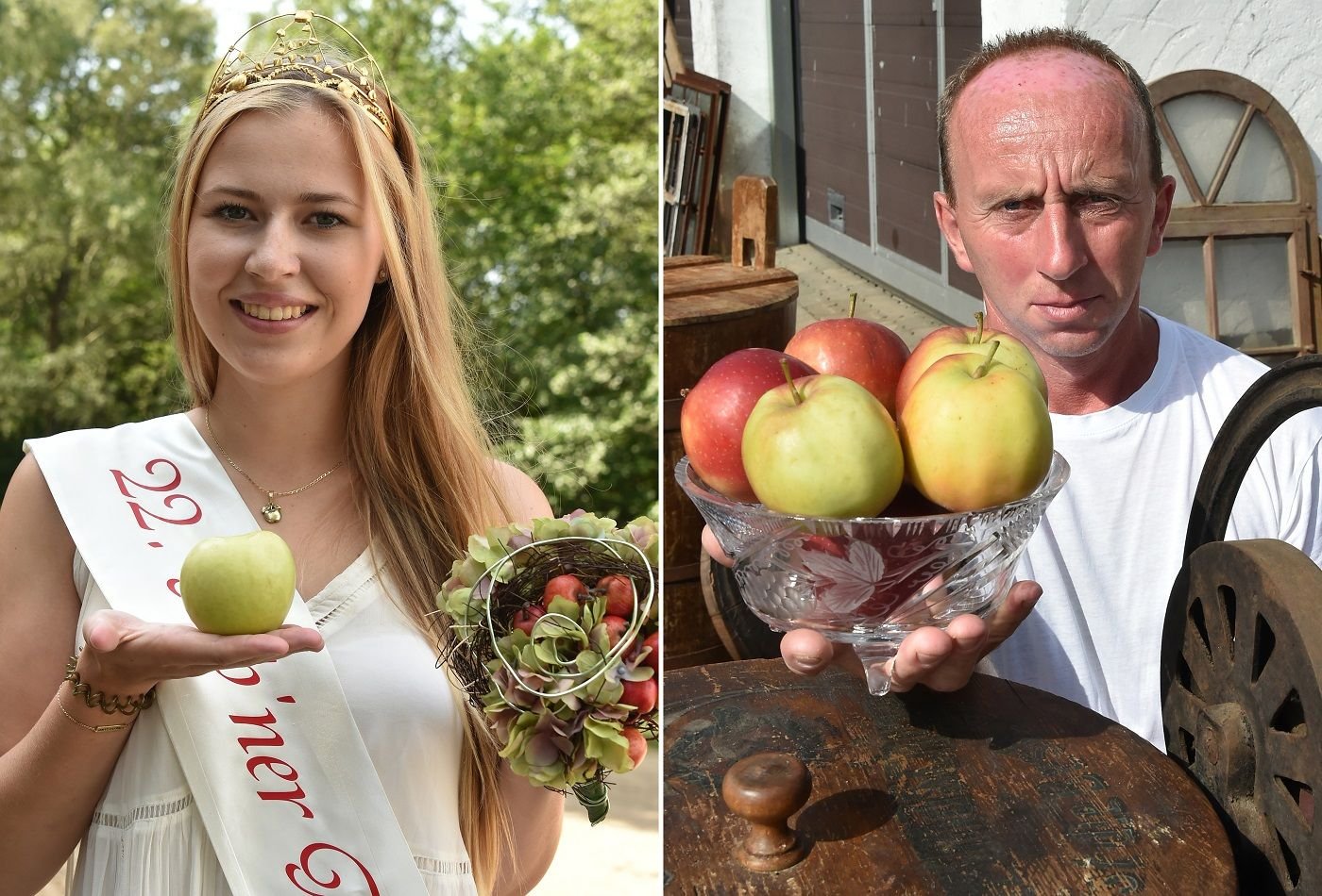 Gubens Apfelkönigin Antonia (li.) und Marko Steidel (r.). In der brandenburgischen Kleinstadt Guben (Spree-Neiße) ist das Ehrenamt Apfelkönigin so beliebt, dass sogar vor Gericht um den Thron gestritten wird