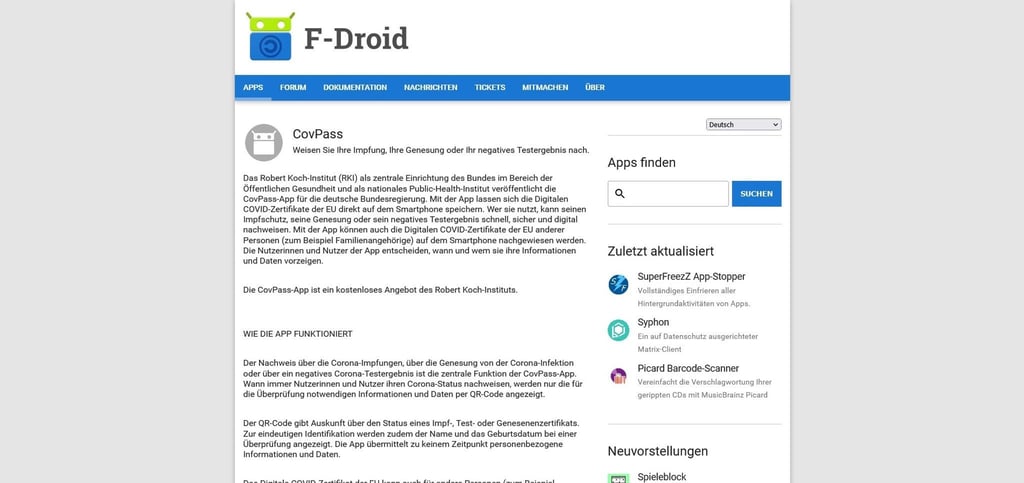Neu im Laden: Die Covpass gibt es nun auch als freie Software bei F-Droid.