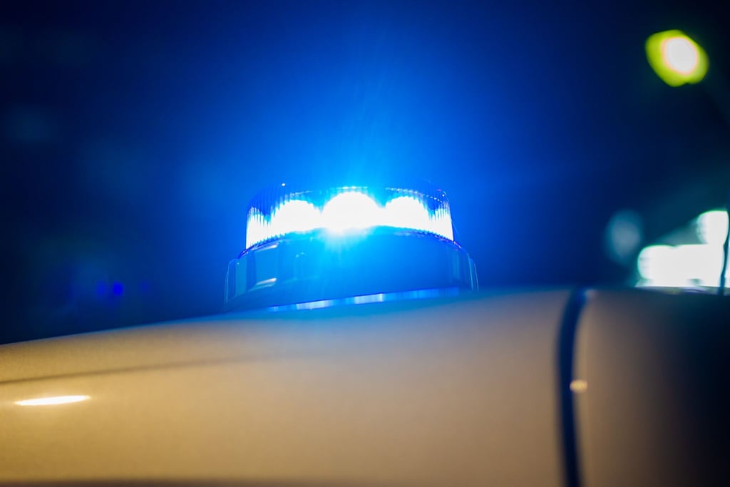 Das Blaulicht eines Polizeifahrzeugs ist angeschaltet.