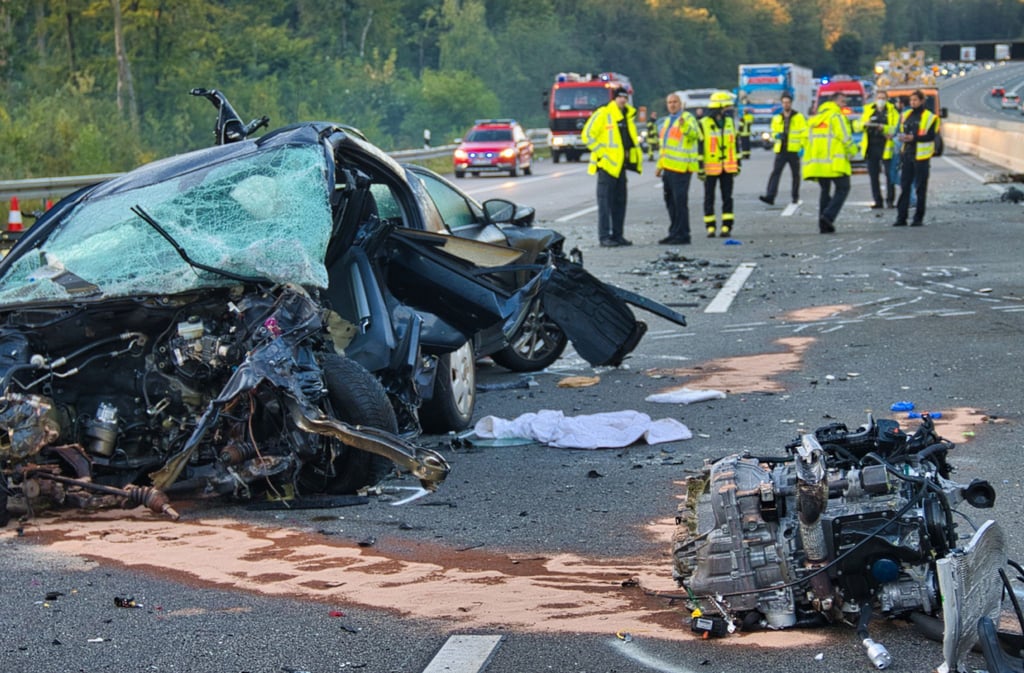 Helfer stehen auf der Autobahn 5 nach einem Unfall hinter einem Autowrack.