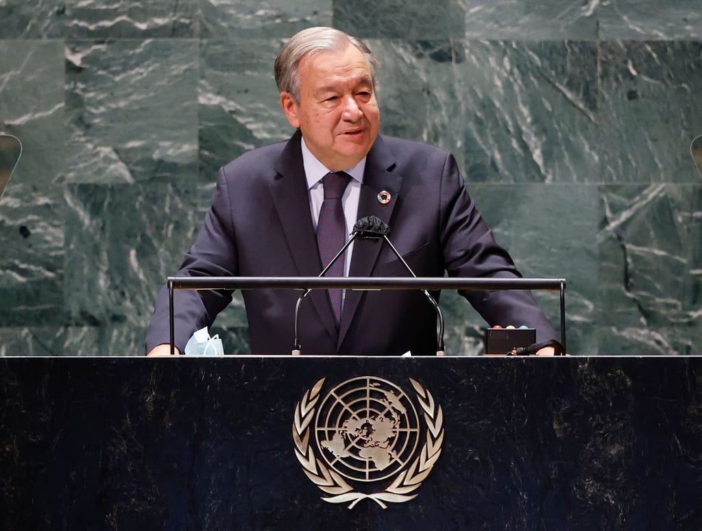 Antonio Guterres, UN-Generalsekretär, spricht auf der 76. Sitzung der Generalversammlung der Vereinten Nationen. Die Vollversammlung mit etwa 80 Staats- und Regierungschefs startet am Dienstag offiziell.