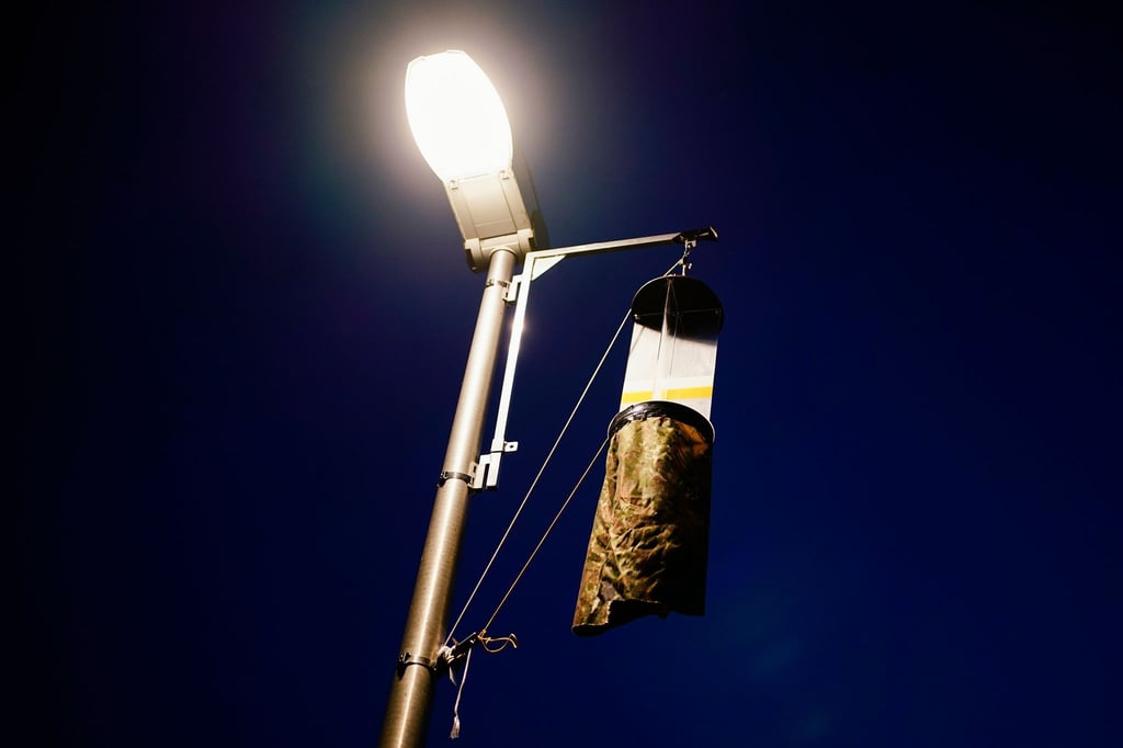 Eine Flugfensterfalle zum Fang von Insekten hängt an einem Laternenmast.
