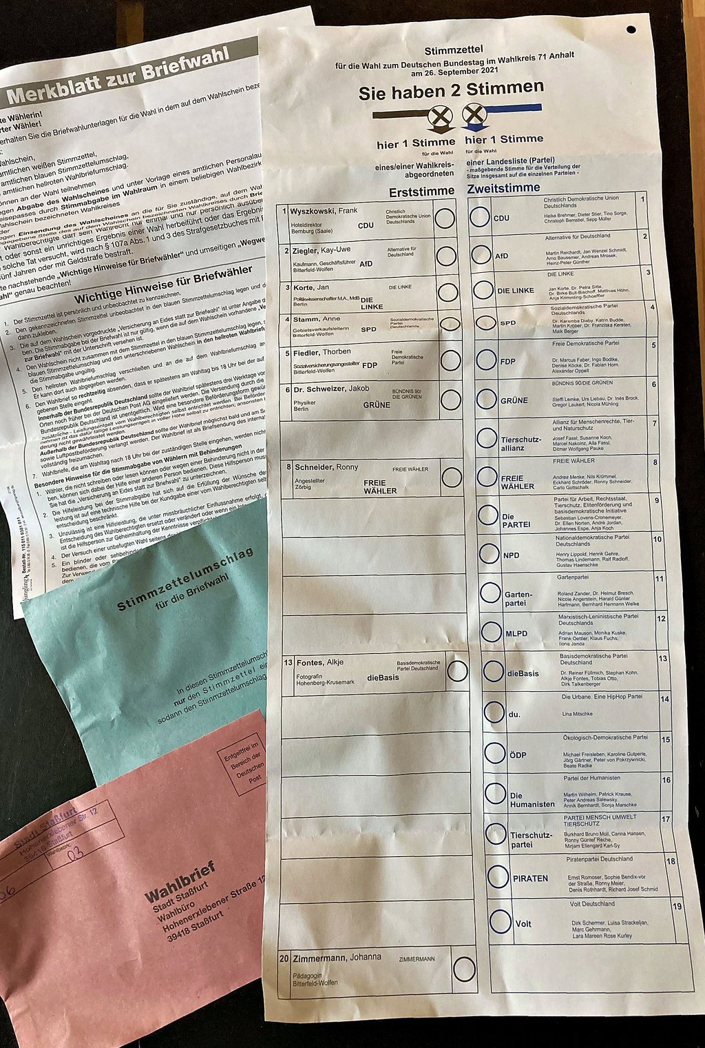So sieht der Stimmzettel aus, mit dem sowohl Brief- als auch Wahllokalwähler im Wahlkreis 71 Anhalt in Staßfurt und Zerbst ihre Stimmen zur Bundestagswahl 2021 abgeben.