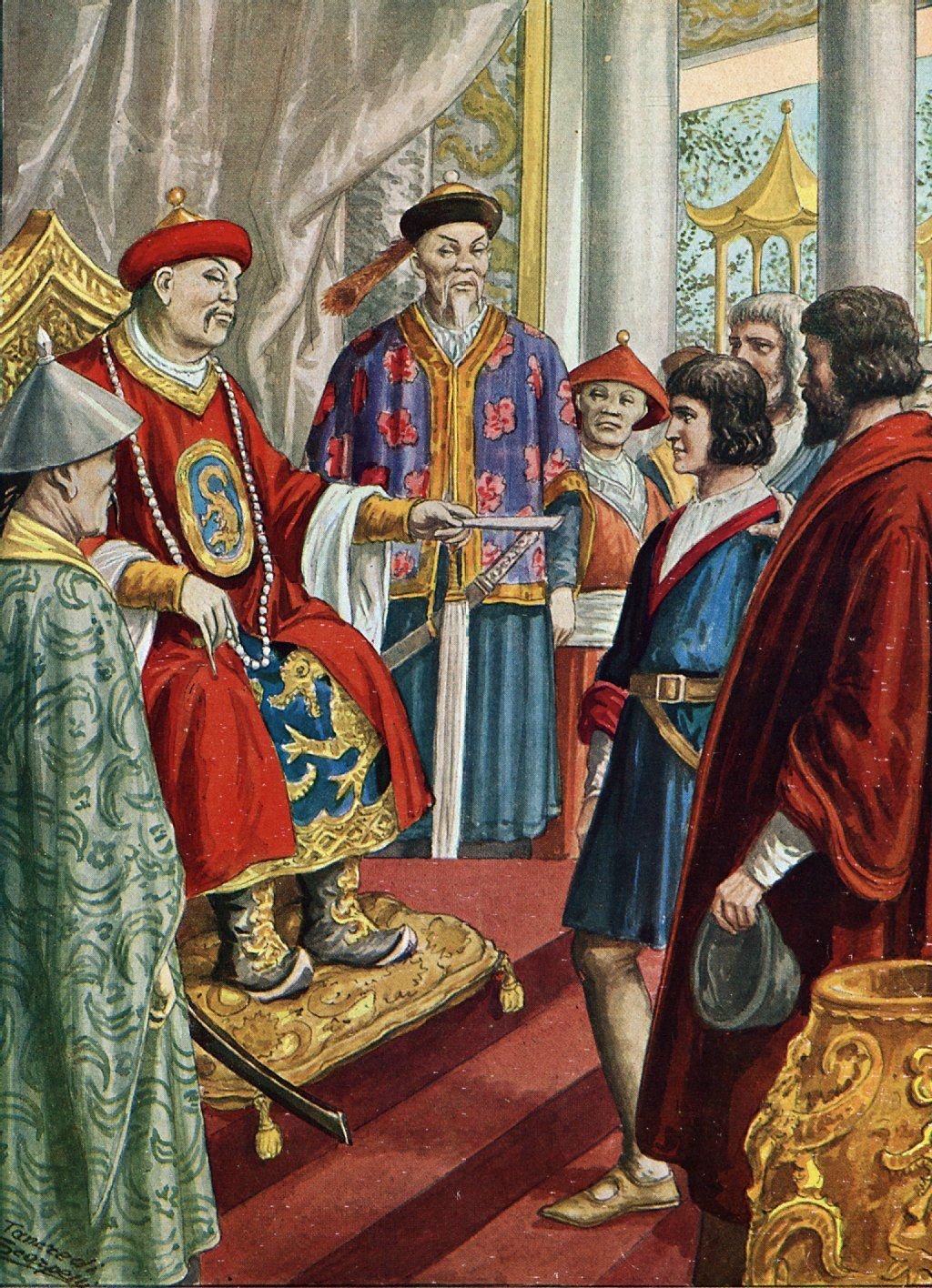 Marco Polo (dritter von rechts) beim Mongolenkaiser Kublai Khan, Illustration von 1275