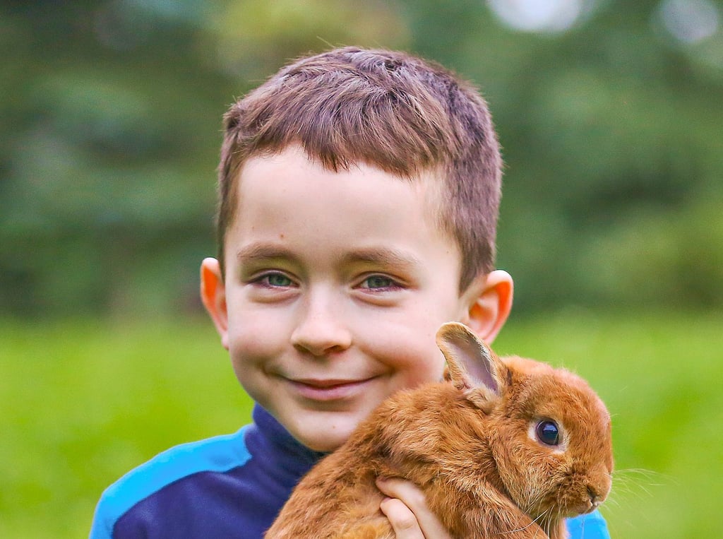 Anton mit Zwergkaninchen Krümel im Garten: Der Neunjährige liebt Tiere über alles.