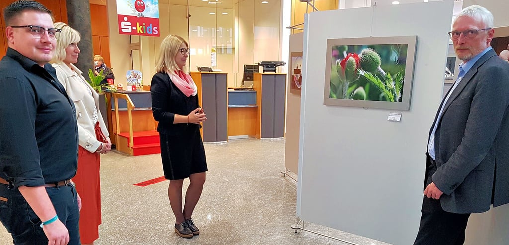 Dennis Krause (von links) eröffnete am Donnerstagabend in der Klötzer Sparkasse mit Kristin Köhne, Ilka Ast und Maik Böttcher eine neue Ausstellung. Zu sehen sind Fotos des Fotoclubs Salzwedel.