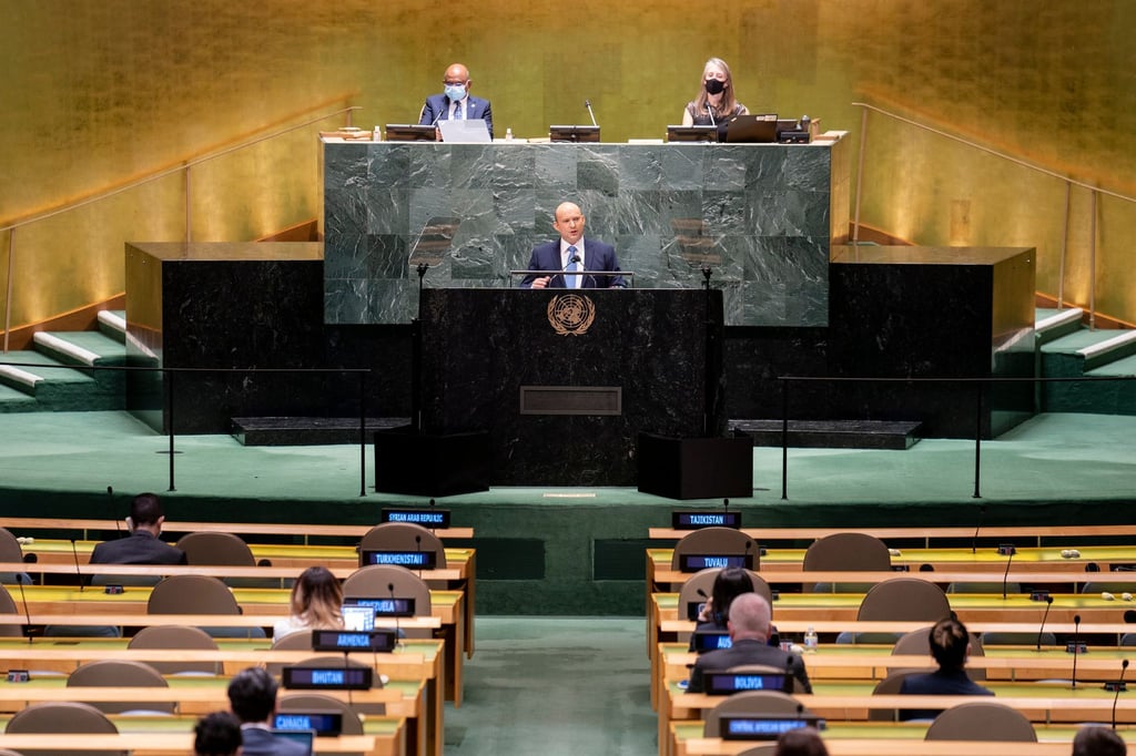 Naftali Bennett, Premierminister von Israel, spricht bei der 76. Sitzung der Generalversammlung der Vereinten Nationen.