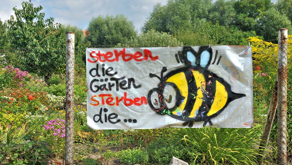Protestplakat am Gartenzaun. Kleingärtner fürchten um ihre Parzellen und stehen der Umgestaltung skeptisch gegenüber.