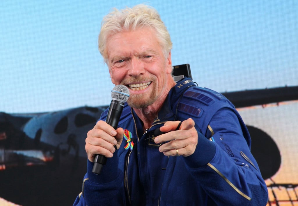 Richard Branson, Unternehmer aus Großbritannien, beantwortet während einer Pressekonferenz im Spaceport America Fragen.