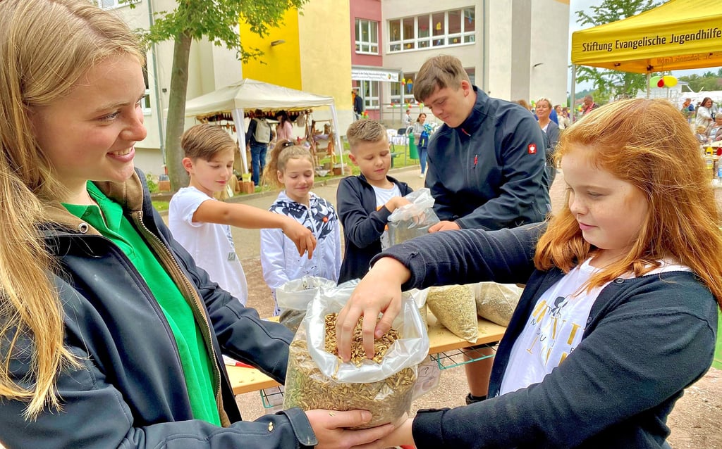 Landwirtin Justina Rose-Borsum (links) und Azubi Lucas Fiebig erklärten Anjali Haustein (rechts) und anderen Fünftklässlern den Unterschied von Getreidesorten.
