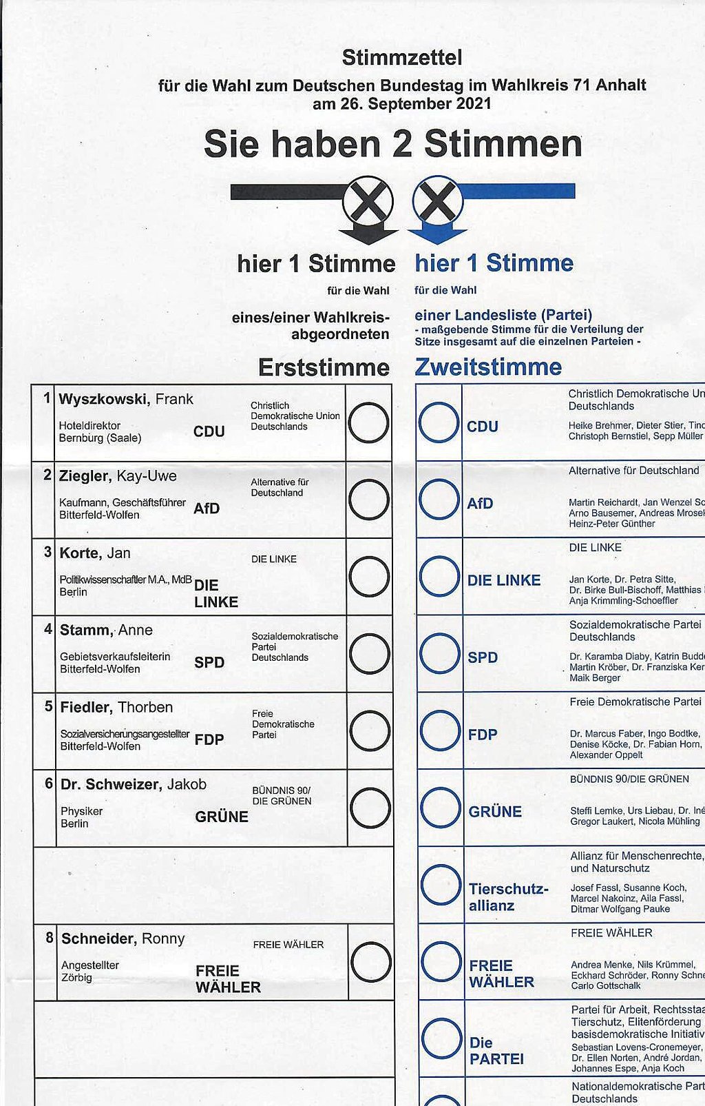 Ein Ausschnitt eines Stimmzettels für die bevorstehende Bundestagswahl, wie ihn Hecklinger erhalten.