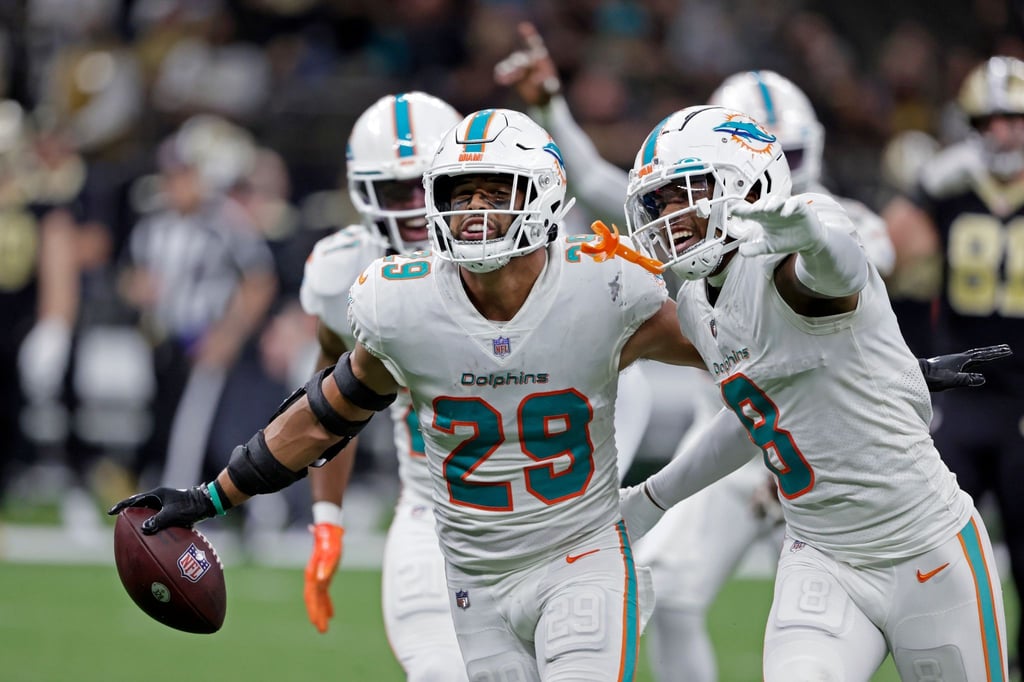 Die Spieler der Miami Dolphins feiern den Sieg gegen die New Orleans Saints.