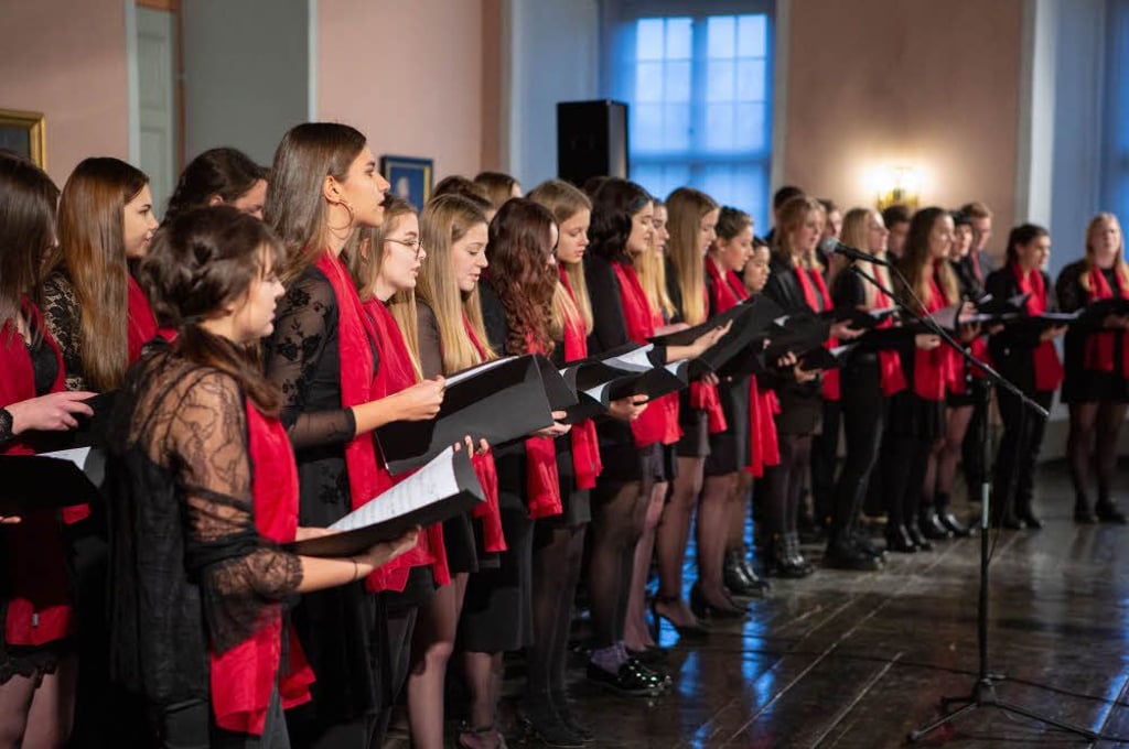 Der Oberstufenchor bei einem frühreren Auftritt im Festsaal von Schloss Moritzburg in Zeitz.