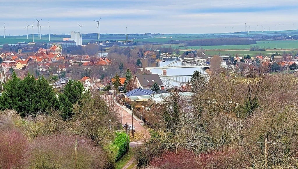 Aussicht vom Alslebener Wasserturm mit Blick auf die Saale. Rechts im Vordergrund die störende Baumreihe.
