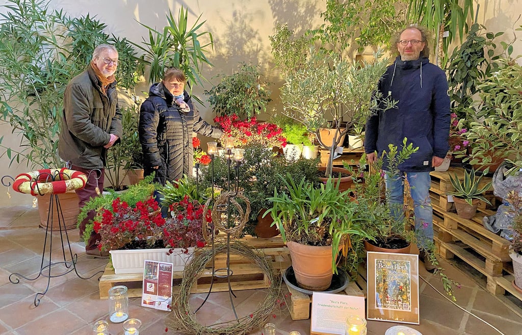 Pfarrer Johannes Lewek (von links), Angelika Böhlk und ihr Sohn Olaf Böhlk freuen sich über die vielen Bernburger, die ihre Pflanzen in der Marienkirche überwintern lassen. Die Aktion steht unter dem Namen „Beata Flora“ und greift damit den Namen der Bernburger Stadtkirche auf: "Beatae Mariae Virginis" (der seligen Jungfrau Maria).
