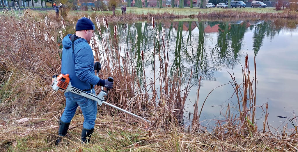 Das Ufer am Breitenroder Teich wird von Gestrüpp befreit, damit im Frühjahr die Plätze frei sind, von wo aus die Angler wieder ihre Schnur auswerfen können.