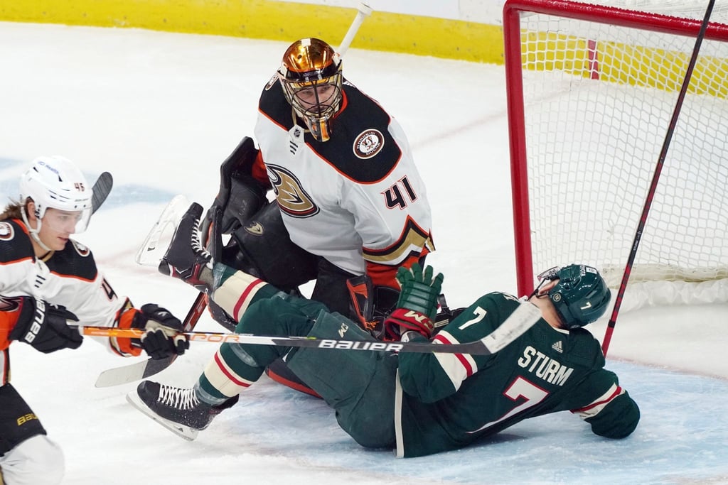 Nico Sturm (r) steuerte bei Minnesotas Sieg gegen Anaheim einen Assist bei.