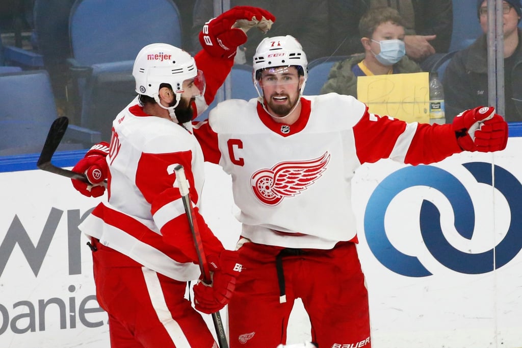 Dylan Larkin (r) von den Detroit Red Wings feiert sein Tor mit Nick Leddy.