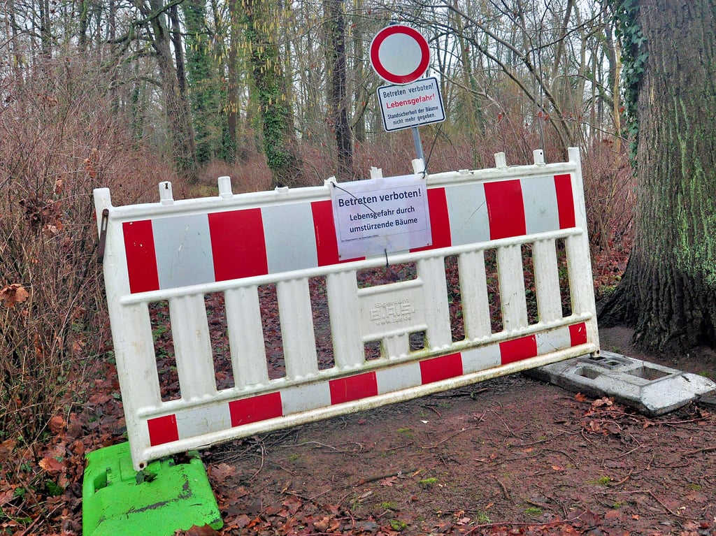 Überall im Kurpark stehen Absperrungen beziehungsweise hängen Flatterbänder. Bevor nicht weitere Fällarbeiten erfolgt sind, für die die Stadt auch erst einmal in Vorkasse gehen müsste, wird sich daran wohl auch nichts ändern.