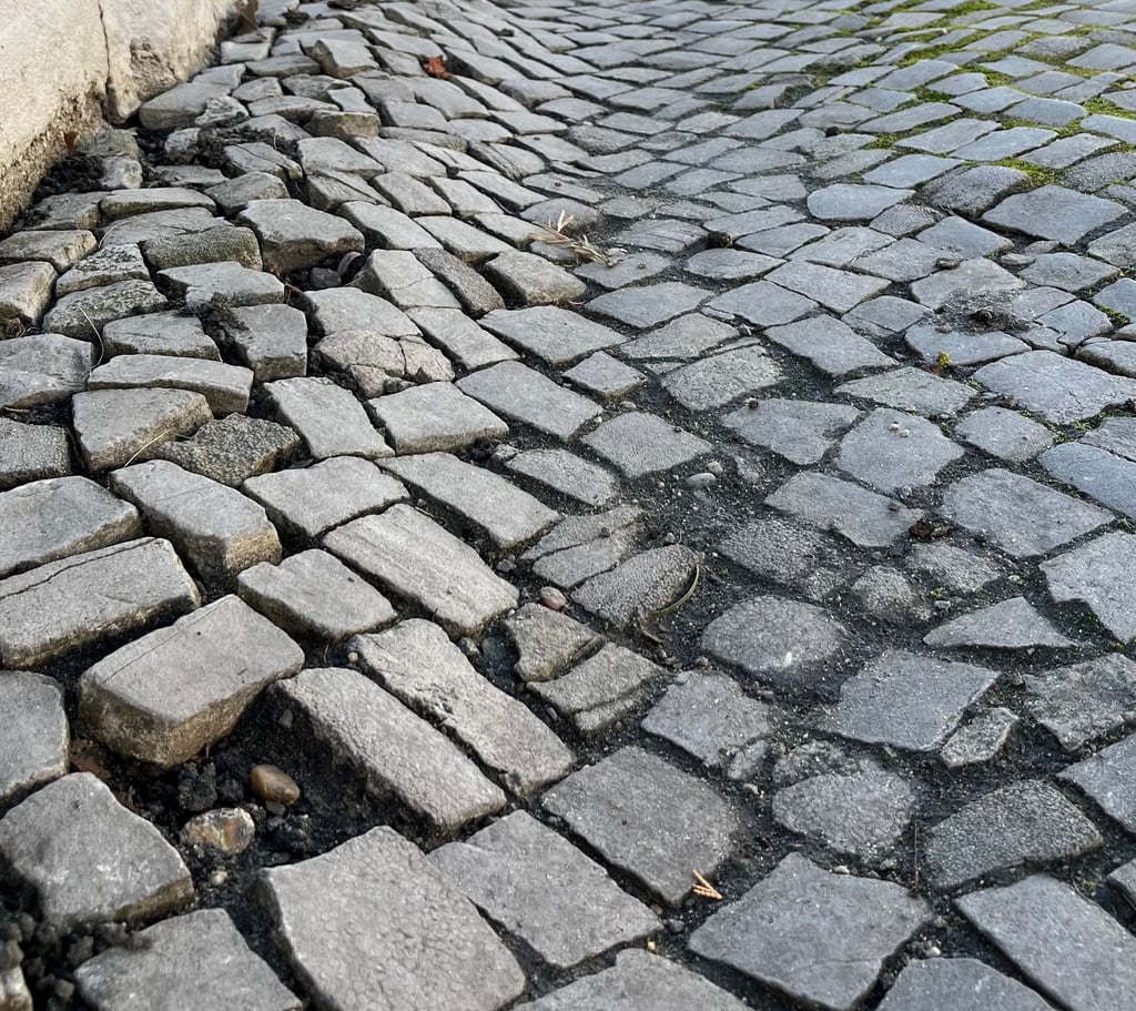 In der Friedensstraße ist der Gehweg auf linken Seite stadtauswärts in einem sehr schlechten Zustand. Lockere Steine, tiefe Rillen und Löcher prägen das Bild.