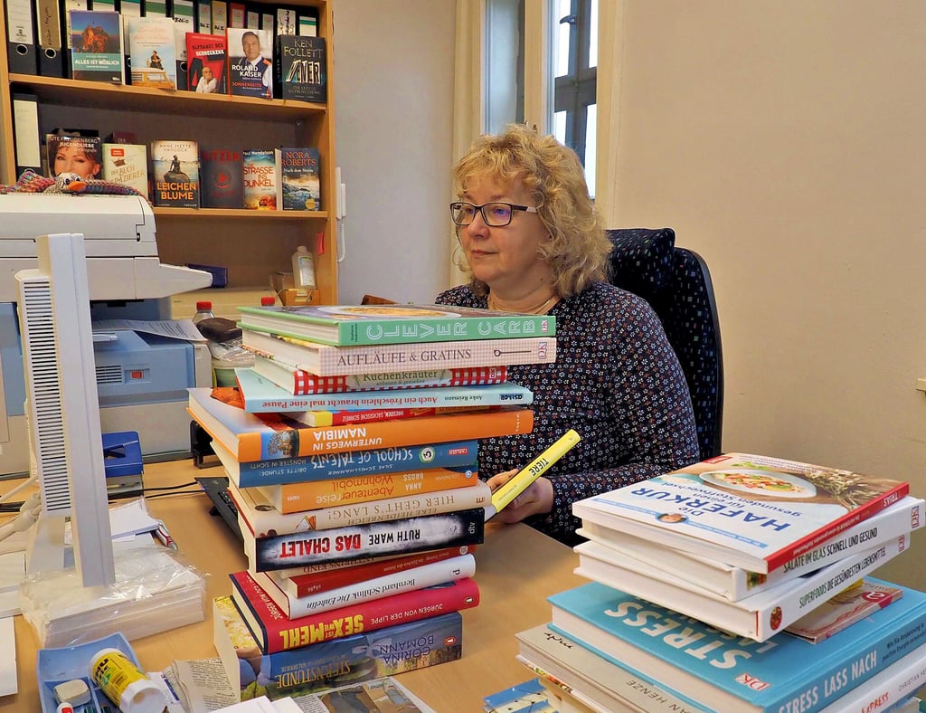 Erneut ist eine Buchlieferung in der Osterwiecker Stadtbibliothek eingetroffen, die hier von Kathrin Mannewitz erfasst wird. Im Hintergrund ist ein Regal für Neuerscheinungen reserviert.
