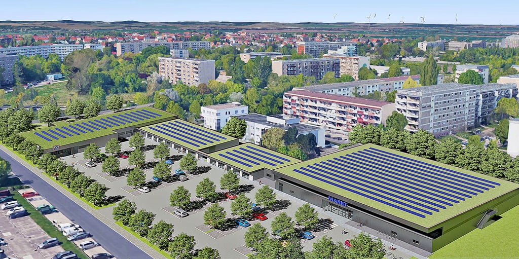 Diese Visualisierung zeigt, wie das Magdeburger Einkaufszentrum am Olvenstedter Scheid (auch Neue Mitte genannt) nach der angestrebten Neuordnung aussehen könnte.