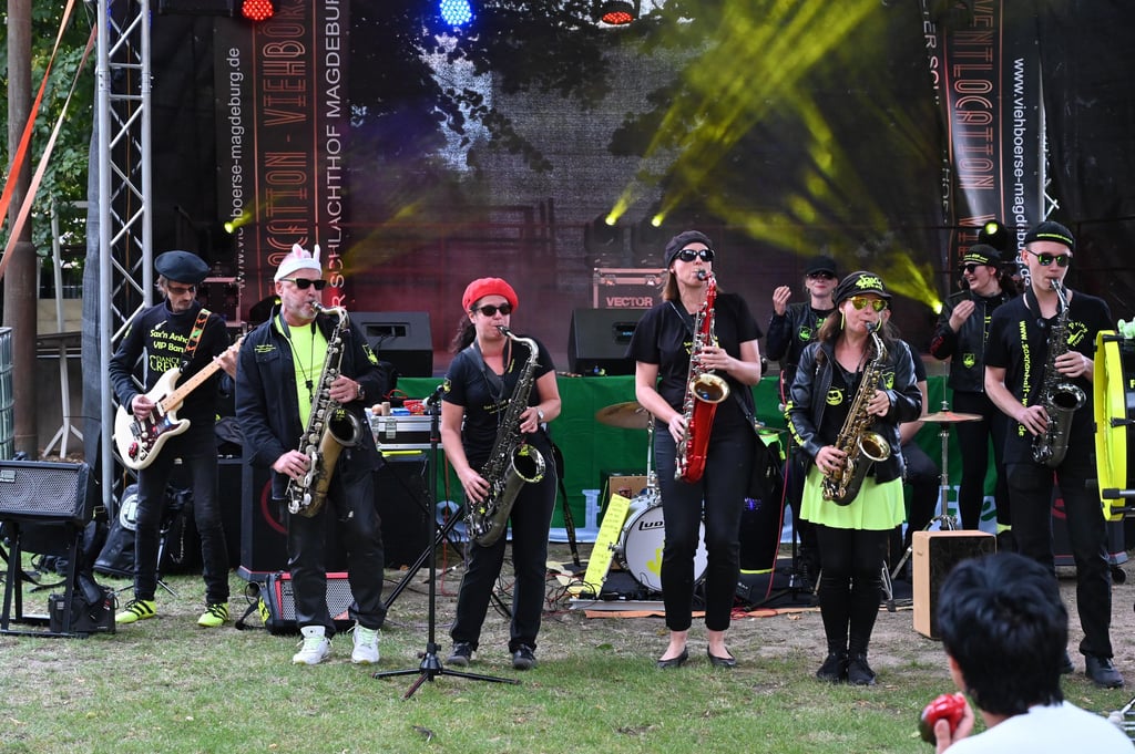 Unter anderem die Höfe der Stadtfelder „Viehbörse“ waren einer von Dutzenden Spielorten des Corona-Kultursommers 2021 - hier bei einem Auftritt des Sax'n-Anhalt-Orchesters. Magdeburger Kultureinrichtungen profitieren im vergangenen Sommer von rund 400.000 Euro Fördergeld der Bundeskulturstiftung.