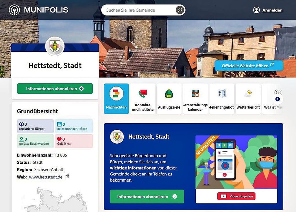 Die Seite der Stadt Hettstedt auf der Munipolis-App