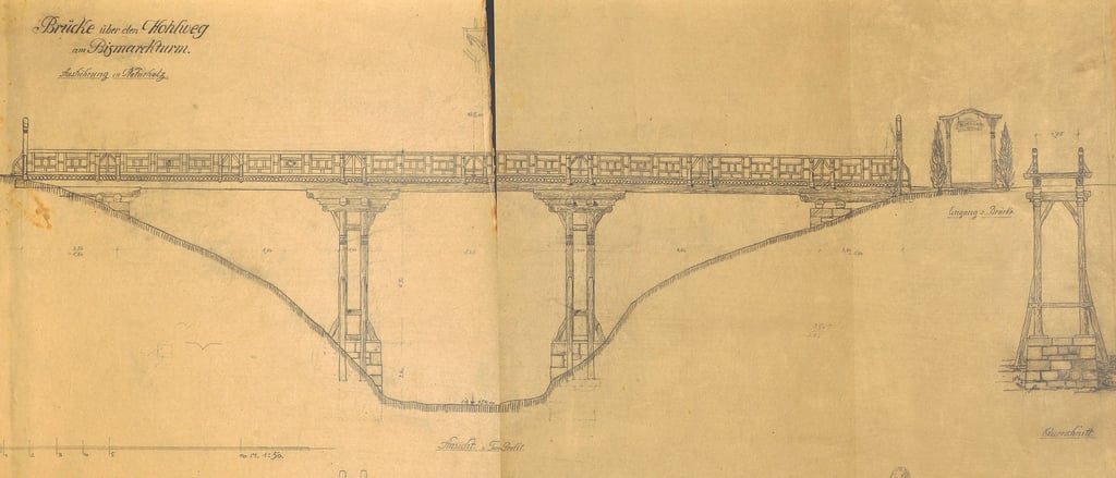 Einer der vom damaligen Stadtarchitekten gezeichneten Pläne von 1908 mit der Brückenprojektierung, die als Vorlage für eine vom Rotary-Club-Halberstadt angestrebte Rekonstruktion der Brücke dienen. Diese Dokumente waren in den 1990er Jahren auf dem Dachboden der Dompropstei gefunden worden. Sie lagern jetzt im Stadtarchiv und warten auf Restaurierung.