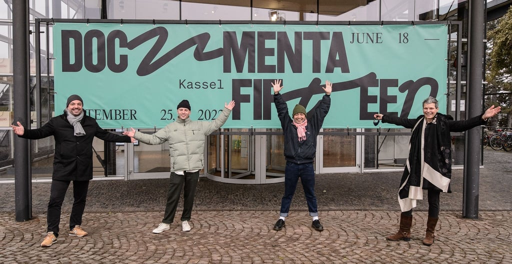 Christian Geselle (SPD, l-r), Oberbürgermeister der Stadt Kassel, Reza Afisina, ruangrupa, Leon Schniewind, Inhouse Desinger documenta und Sabine Schormann, Generaldirektorin der documenta und Museum Fridericianum gGmbH.