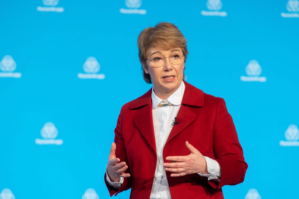 Martina Merz, Vorstandsvorsitzende von Thyssenkrupp, während der Hauptversammlung. Das Traditionsunternehmen erwartet „gewinnträchtiges Wachstum“.
