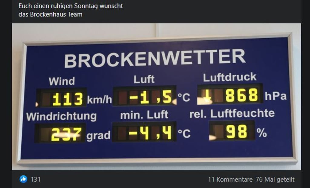 So sahen die Wetterdaten am Sonntagvormittag auf dem Brocken aus.